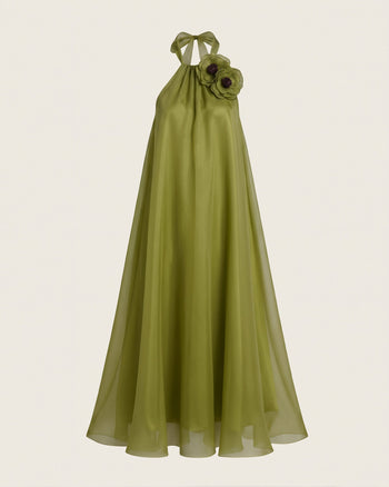 Poppy Embroidered Halter Neck Detail A-Line Midi Dress - Olive Green