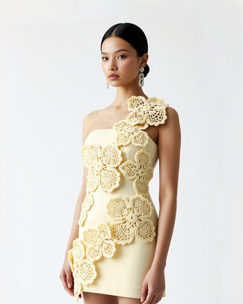 Crochet Floral Appliqué Mini Dress - Yellow