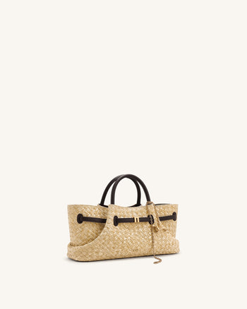 Maeve Faux Straw Dachshund Metal Charm Tote Bag - Brown