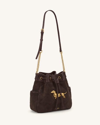 Riley Faux Suede Dachshund Quilted Bucket Bag - Brown