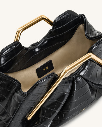 Lila Faux Croc-Effect Metal Frame Clutch - Black