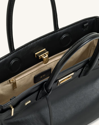 Ziva Metal Lock Decoration Tote Bag - Black
