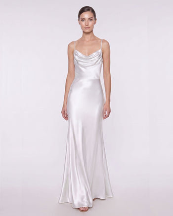Satin Cowl Neck Spaghetti Strap Maxi Dress - White