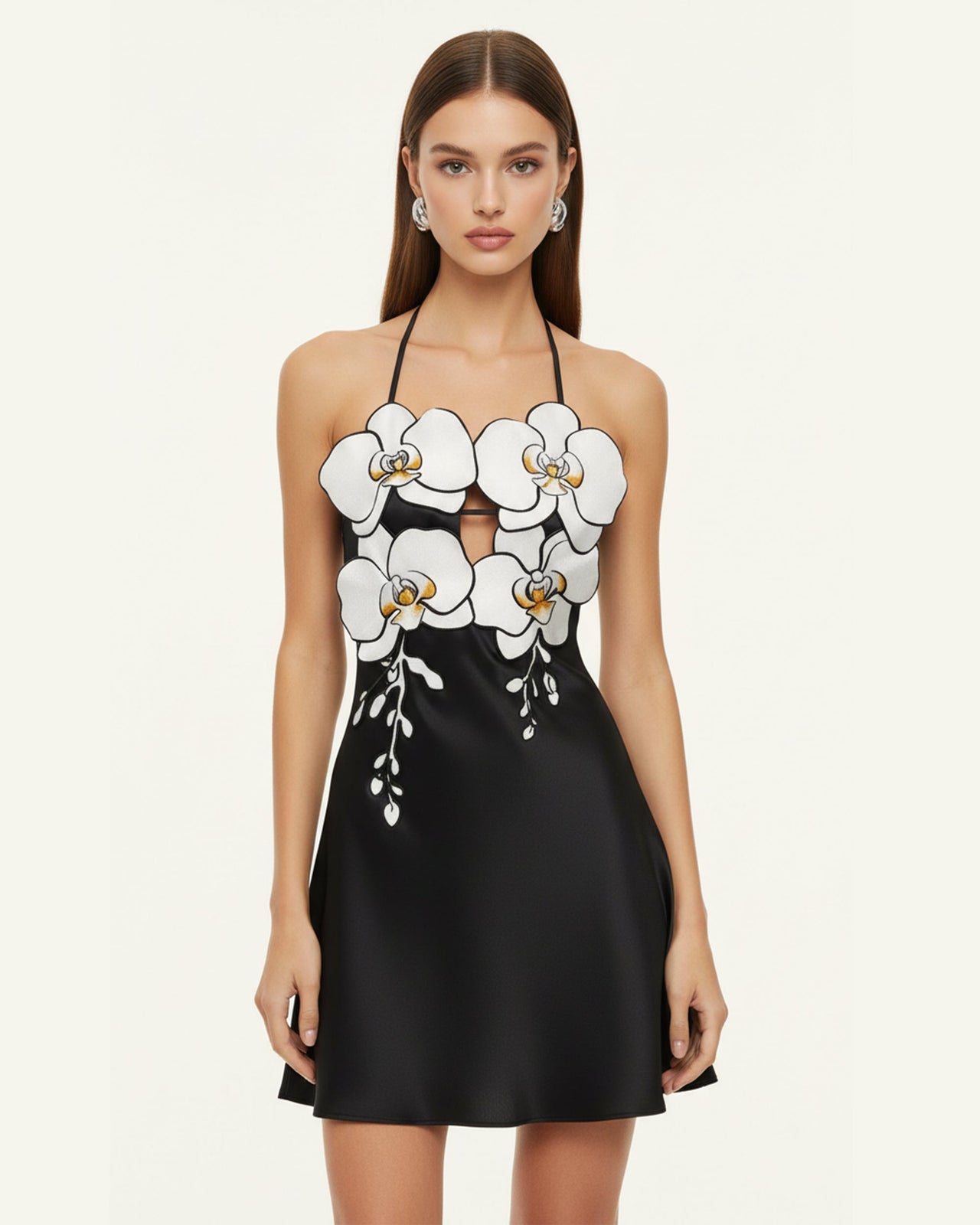 Orchid Embroidered Halter Mini Dress - Black