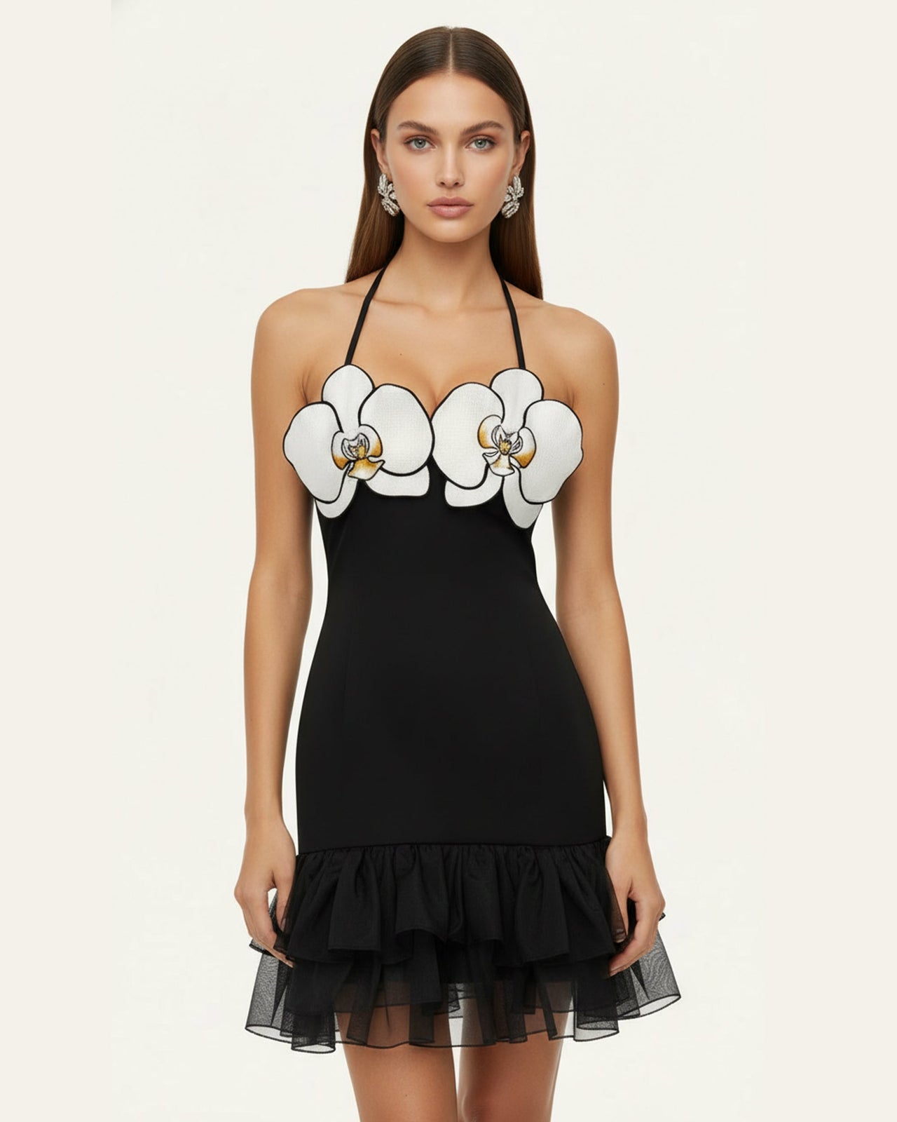 Orchid Embroidered Ruffle Hem Mini Dress - Black