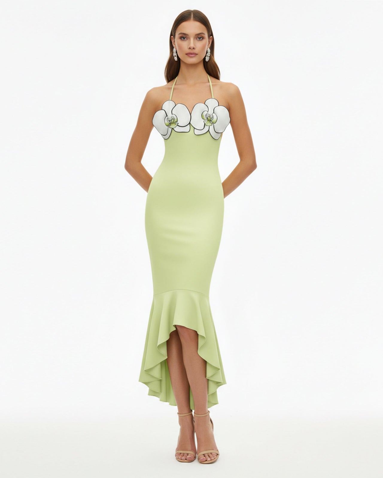 Orchid Embroidered High-Low Midi Dress - Light Green