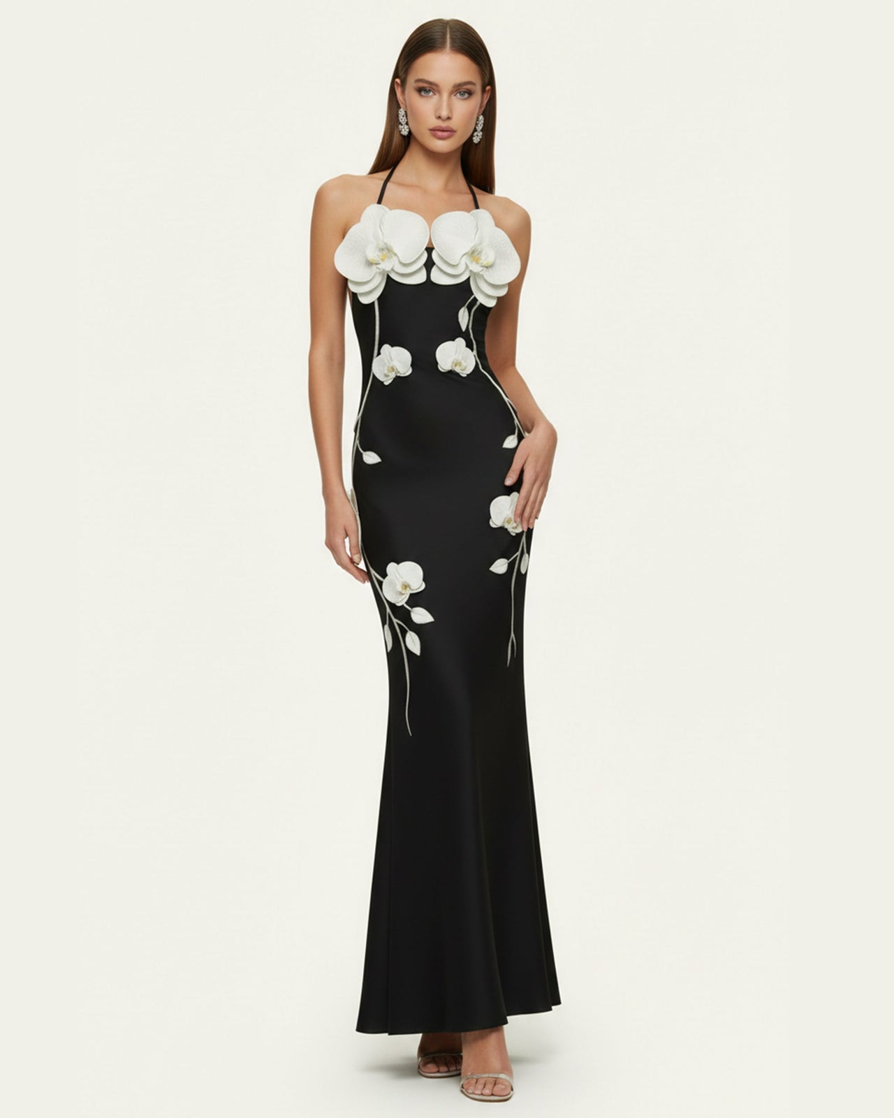 Orchid Appliqué Halter Maxi Dress - Black
