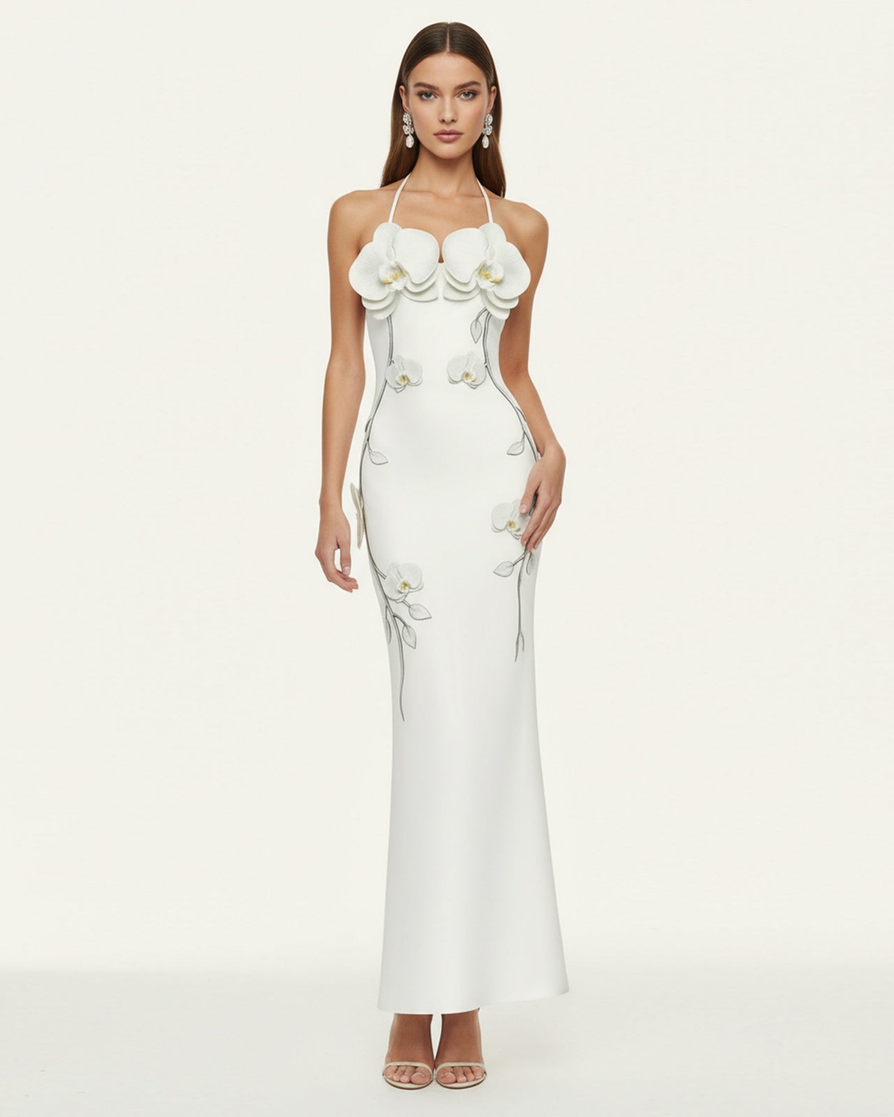 Orchid Appliqué Halter Maxi Dress - White