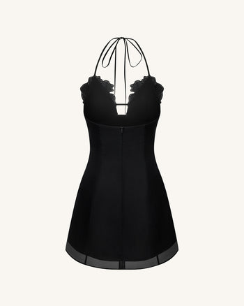Flower Embroidered Mini Dress - Black