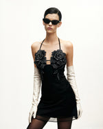 Flower Embroidered Mini Dress - Black