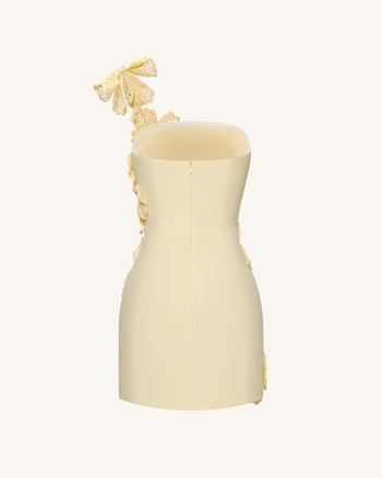 Crochet Floral Appliqué Mini Dress - Yellow