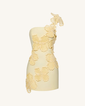 Crochet Floral Appliqué Mini Dress - Yellow