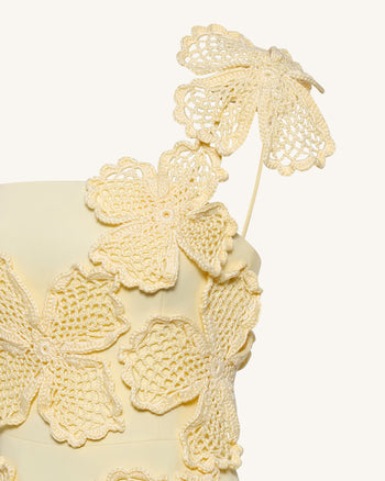 Crochet Floral Appliqué Mini Dress - Yellow