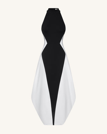 Monochrome Paneled Maxi Dress – Black