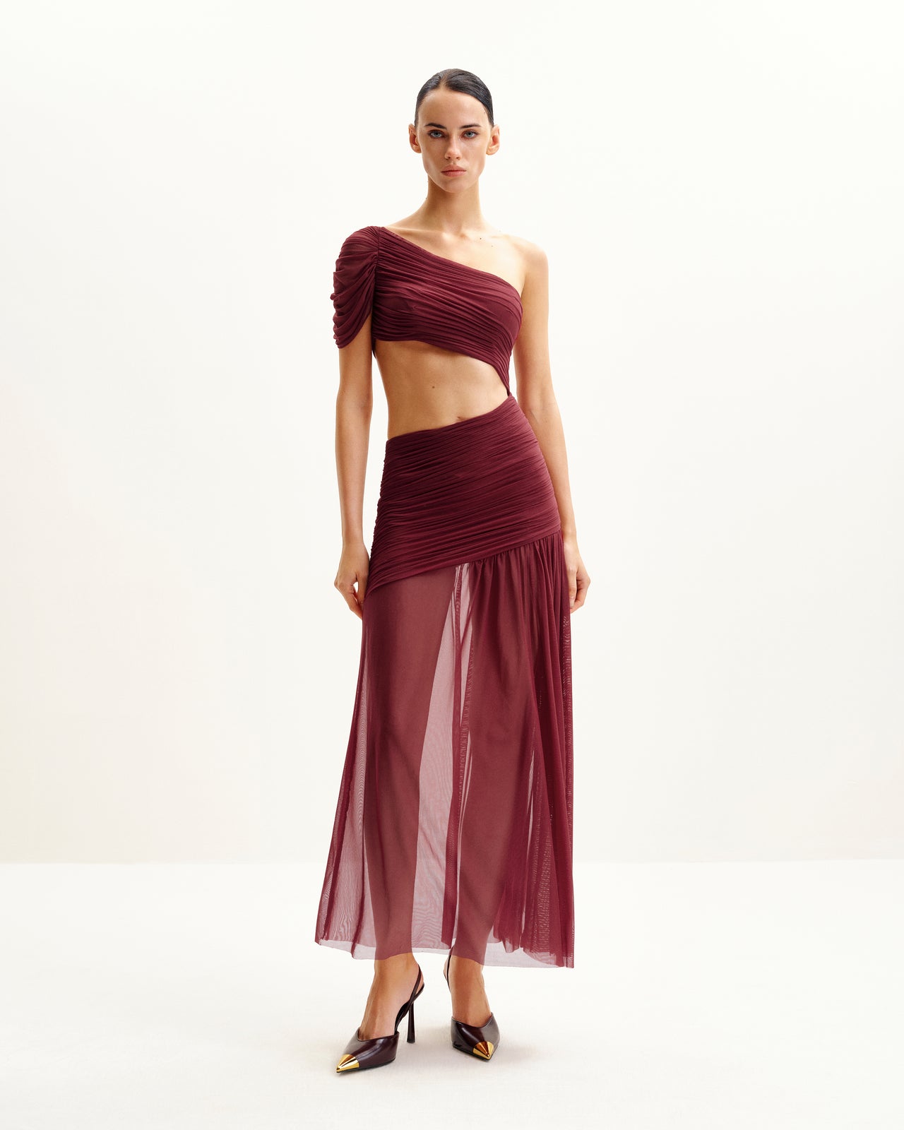 Mia Pleated Mesh Dress - Burgundy