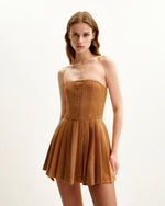 Ellie Pleated Velvet Dress - Caramel