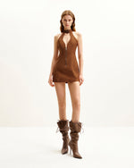 Ruby Halter Neck Zipper Mini Dress - Brown