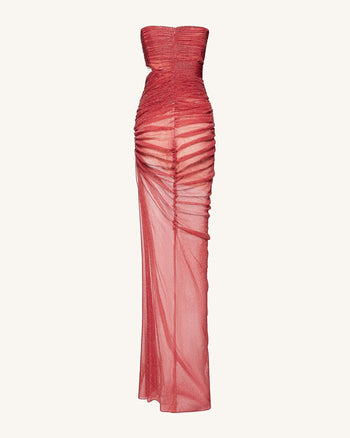 Mia Strapless Sheer Glitter Gown - Scarlet