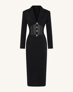 Sheer Boned Corset Waist Blazer Maxi Dress - Black