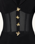 Sheer Boned Corset Waist Blazer Maxi Dress - Black