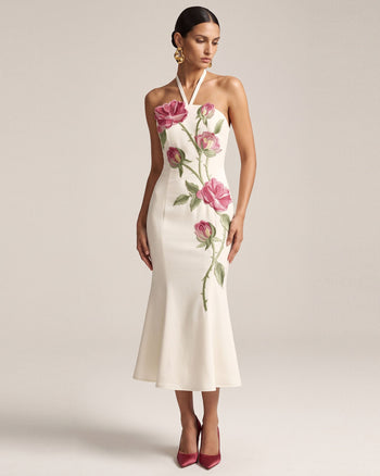 Rose Embroidered Halter-Neck Midi Dress - Off White