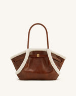 Hana Medium Faux Shearling Trim Tote Bag - Brown