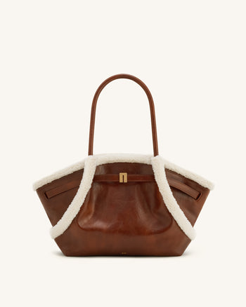 Hana Medium Faux Shearling Trim Tote Bag - Brown