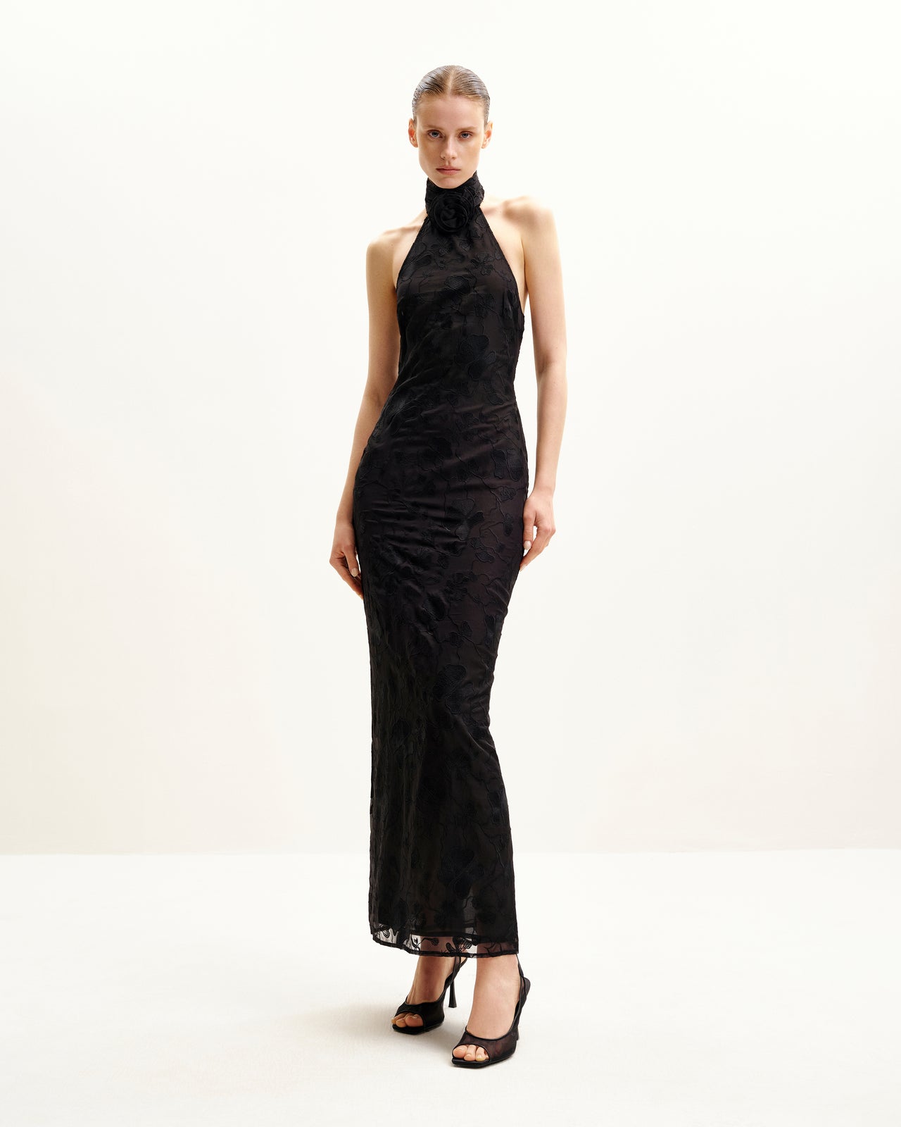 Uliana Black Floral Lace Halterneck Maxi Dress - Black