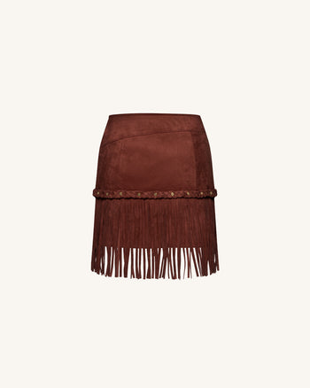 Western-Style Sueded Fringe Skirt - Burgundy