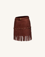 Western-Style Sueded Fringe Skirt - Burgundy