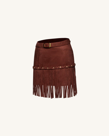 Western-Style Sueded Fringe Skirt - Burgundy