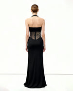 Ruched Lace Panel Maxi Dress - Black