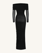 Ruched Off-Shoulder Mesh-Sleeve Mermaid Maxi Dress - Black
