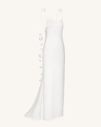 Satin Strappy Maxi Dress with Floral Streamers - White
