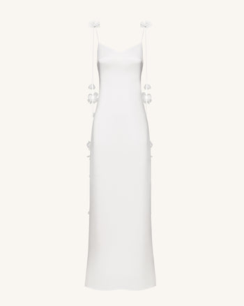 Satin Strappy Maxi Dress with Floral Streamers - White