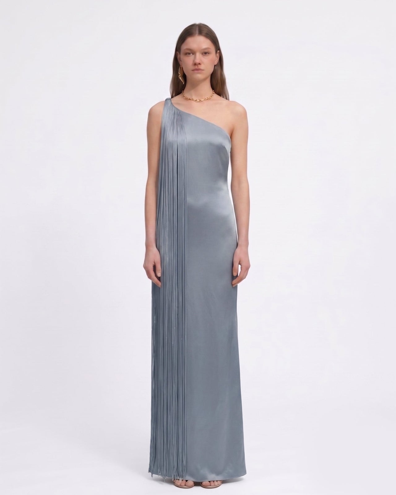 Fringe One Shoulder Maxi Dress - Misty Blue