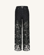 Embroidery High Rise Wide Leg Lace Denim Jeans With Rhinestone - Black