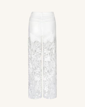 Embroidery High Rise Wide Leg Lace Denim Jeans With Rhinestone - White