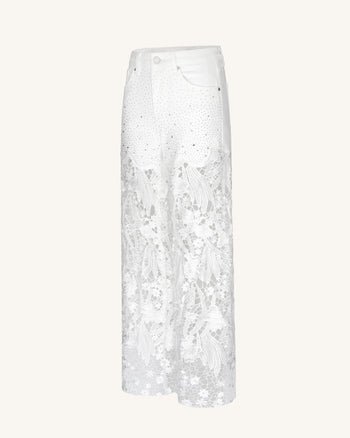 Embroidery High Rise Wide Leg Lace Denim Jeans With Rhinestone - White