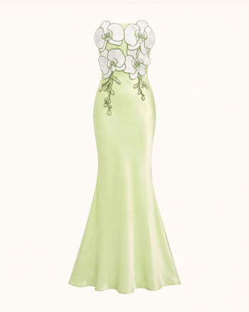3D Floral Strapless Satin Slit Maxi Dress - Light Green