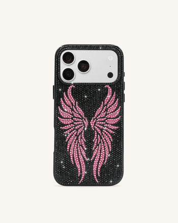 Pink Rhinestone Angel Wings Phone Case - Black