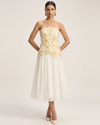 Flower Embroidered Strapless Midi Dress - Ivory