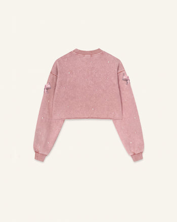 Coquette 3D Satin Bow Pearl Sweatshirt - Vintage Pink