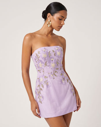 Floral Embroidered Strapless Corset Mini Dress - Light Purple