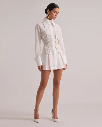 Orchid-Embellished High-Neck Button-Front Mini Shirt Dress - White