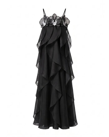 Orchid Embroidered Organza Maxi Dress - Black