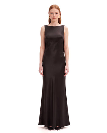 Tulip Appliqué Cowl-Back Satin Column Maxi Dress - Black