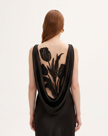 Tulip Appliqué Cowl-Back Satin Column Maxi Dress - Black