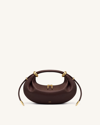 Ellie Metal Ring Embellished Crescent Top Handle Bag - Dark Brown