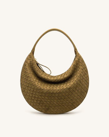 Nola Faux Suede Woven Crescent Shoulder Bag - Olive Green